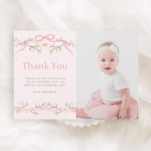 Spring Garden Pink and Green 1st Birthday Photo Thank You Card