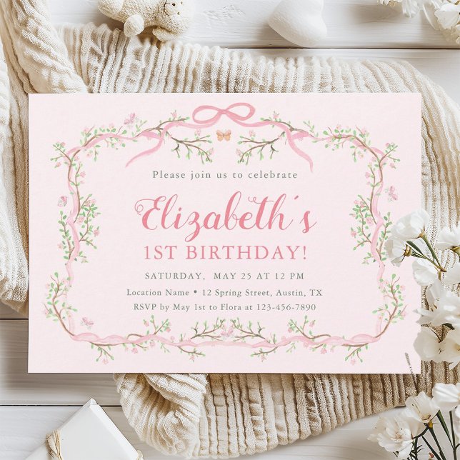 Spring Garden Pink & Green 1st Birthday Party  Invitation (Creator Uploaded)