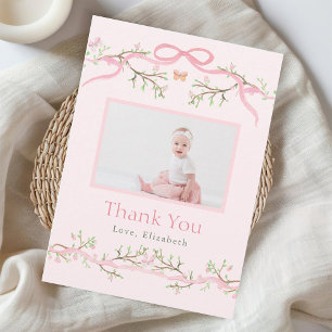 Spring Garden Pink & Green 1st Birthday Photo Thank You Card