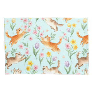 Spring Garden Romp – Playful Cats & Blossoms Pillow Case