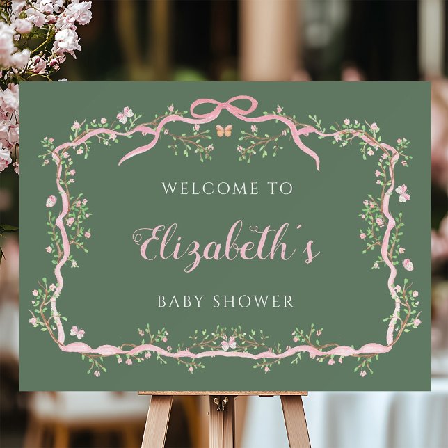 Spring Garden Sage Green Pink Baby Shower Welcome Foam Board (Creator Uploaded)