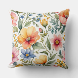 Spring Garden Symphony - Watercolor Wildflower Pat Throw Pillow
