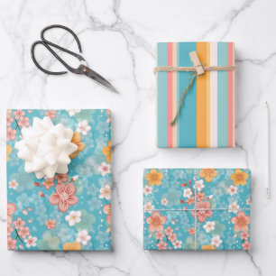 Spring Garden Turquoise Cherry Blossoms and Stripe Wrapping Paper Sheets