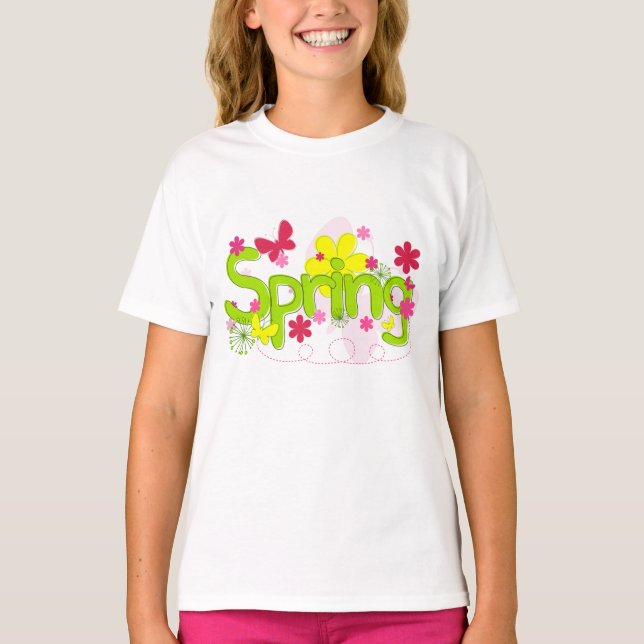 Spring Garden Typography Flowers Butterflies T-Shirt (Front)