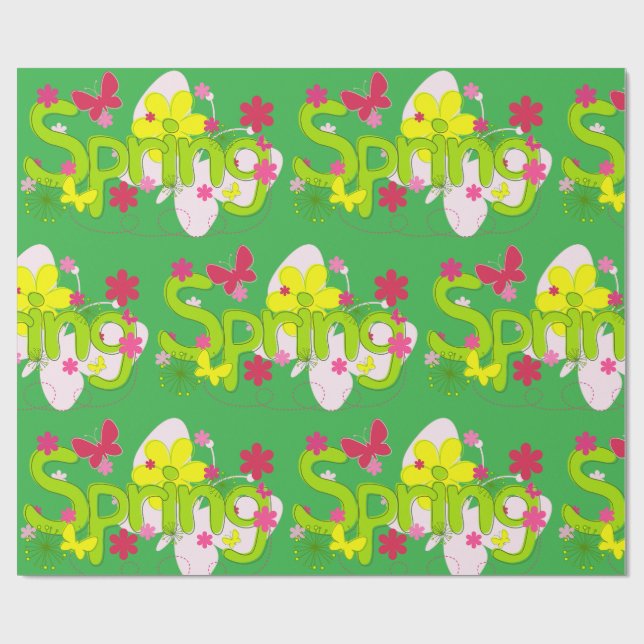 Spring Garden Typography Flowers Butterflies Wrapping Paper (Flat)
