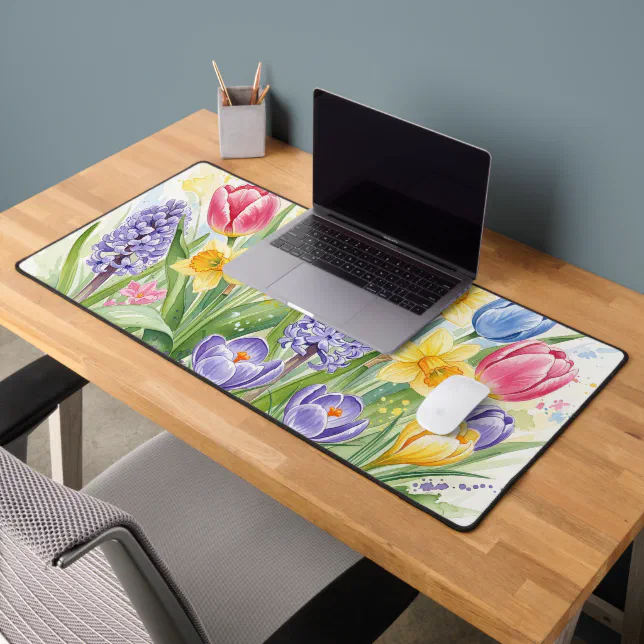 Spring Garden Watercolor Tulips & Daffodils Desk Mat | Zazzle