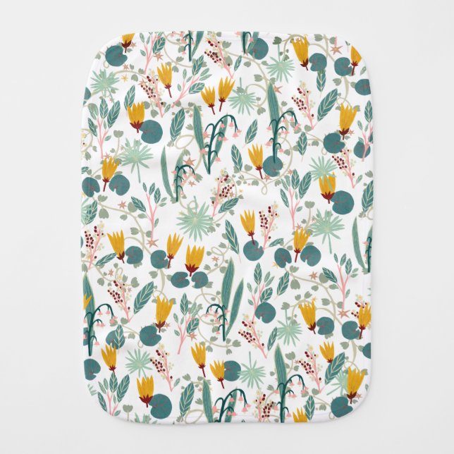 Spring Garden Waterlily Leaves Pattern White Baby Burp Cloth (Front)
