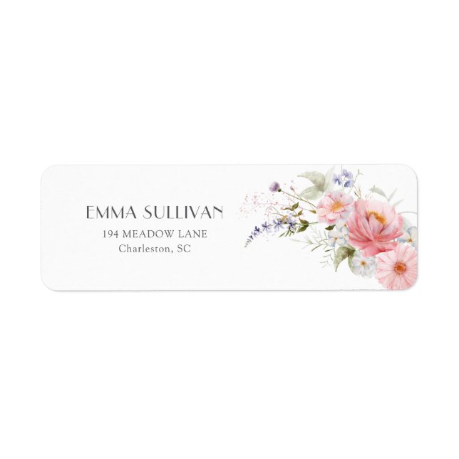 Spring Garden Wildflowers Pink White Wedding Label (Front)