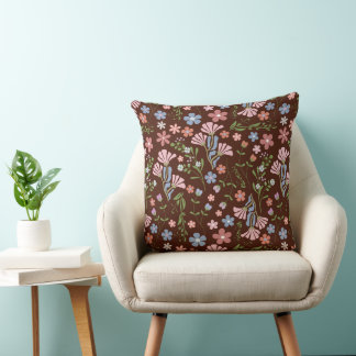 Spring Garden with Chocolate Brown Background Throw Pillow