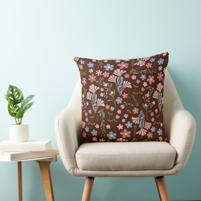 Spring Garden with Chocolate Brown Background Throw Pillow (Chair)