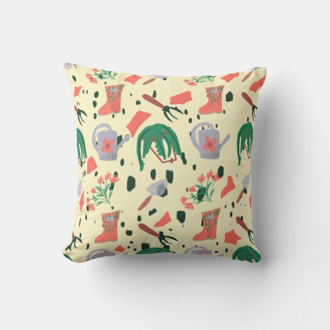 Spring Gardening Doodle Illustration Throw Pillow (Front)