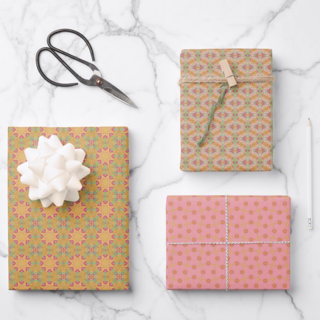 Spring Geometric Green Orange Set Wrapping Paper Sheets (Front)