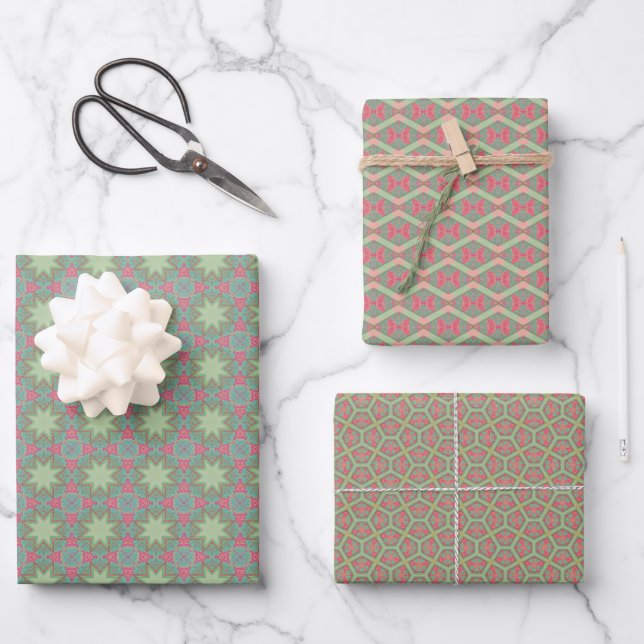 Spring Geometric Green Pattern Set Wrapping Paper Sheets (Front)