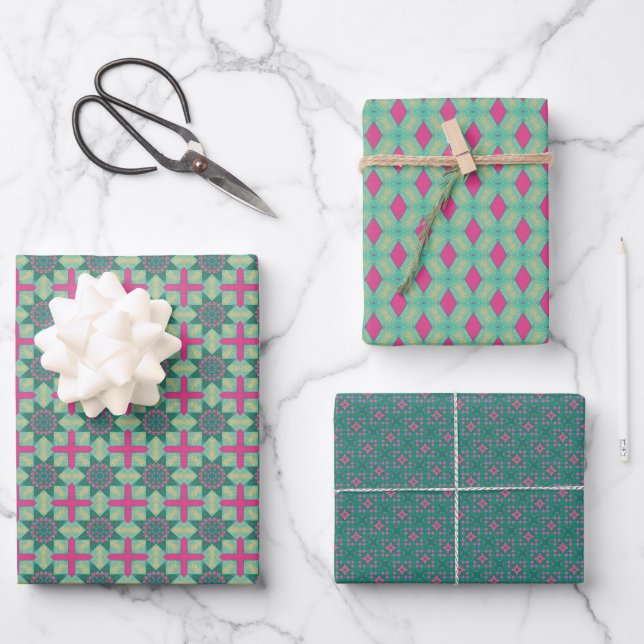Spring Geometric Green Pink Set Wrapping Paper Sheets (Front)
