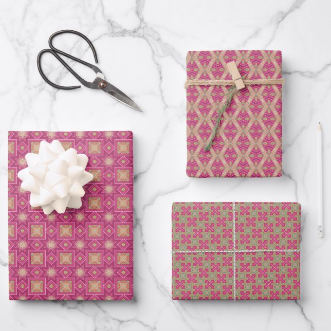 Spring Geometric Purple Green Set Wrapping Paper Sheets (Front)
