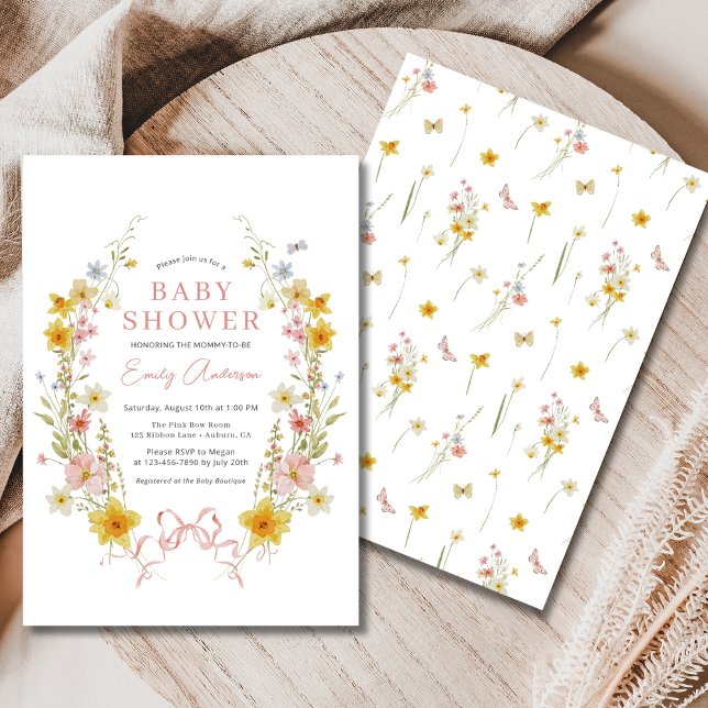 Spring Girl Bow Pink Wildflower Baby Shower Invitation (Creator Uploaded)