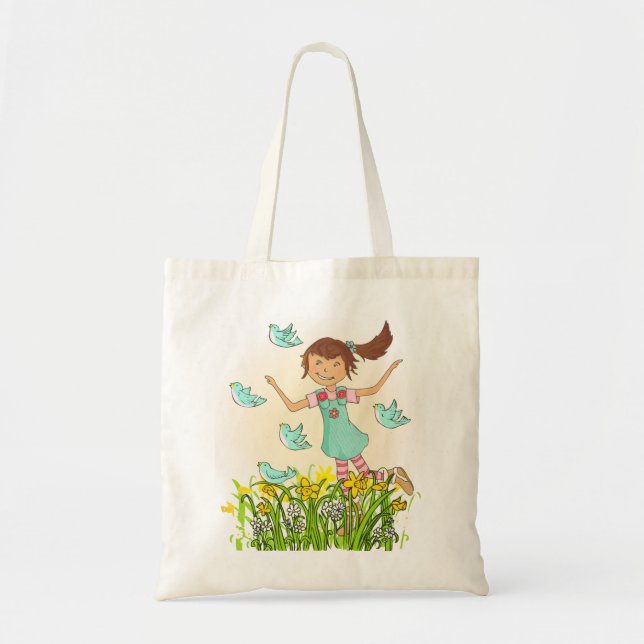 Spring girl chasing birds art bag peach & aqua (Front)