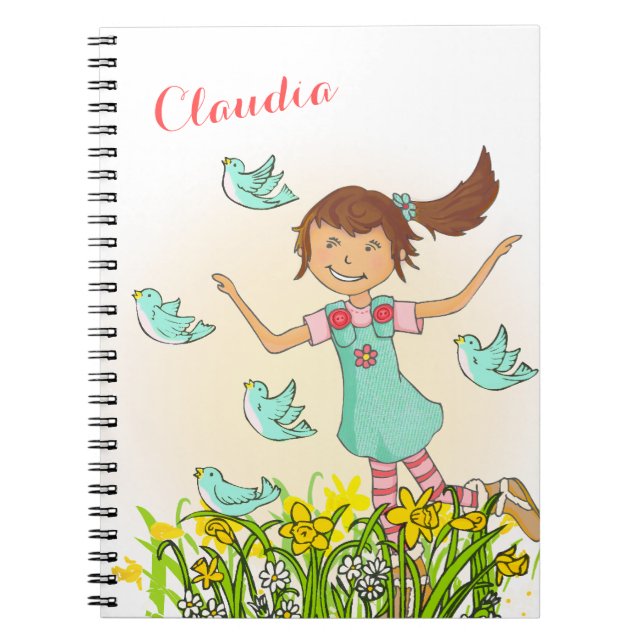 Spring girl chasing birds kids notebook (Front)