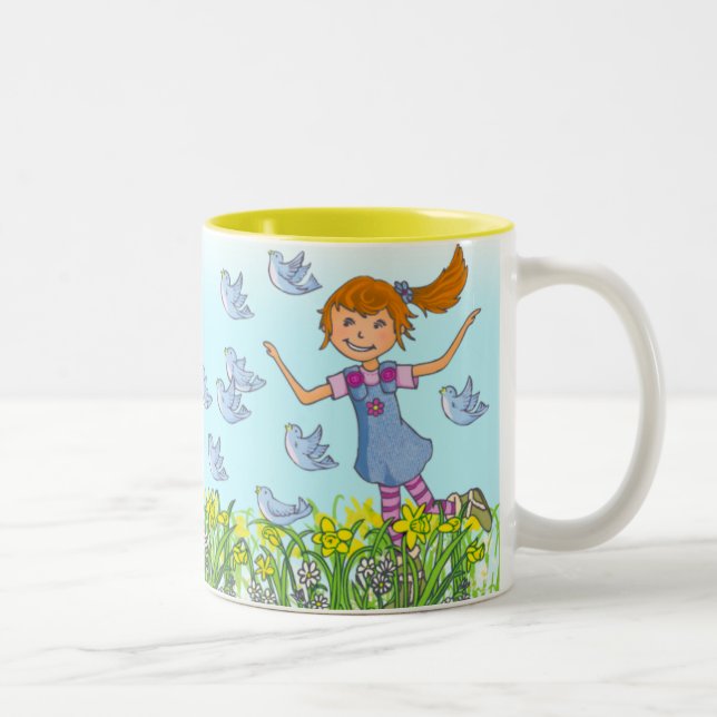 Spring girl chasing birds mug (Right)
