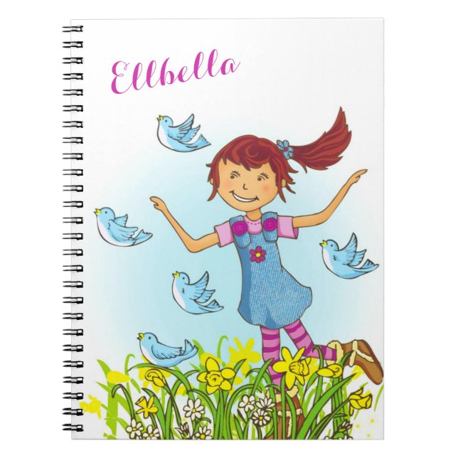 Spring girl flapping chasing birds book notebook (Front)