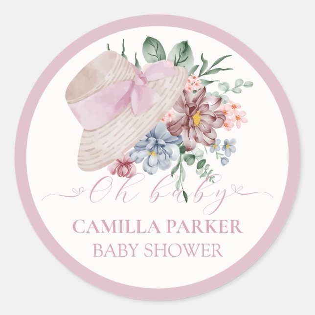Spring Girl Garden Hat Baby Shower Welcome Sign Classic Round Sticker (Front)