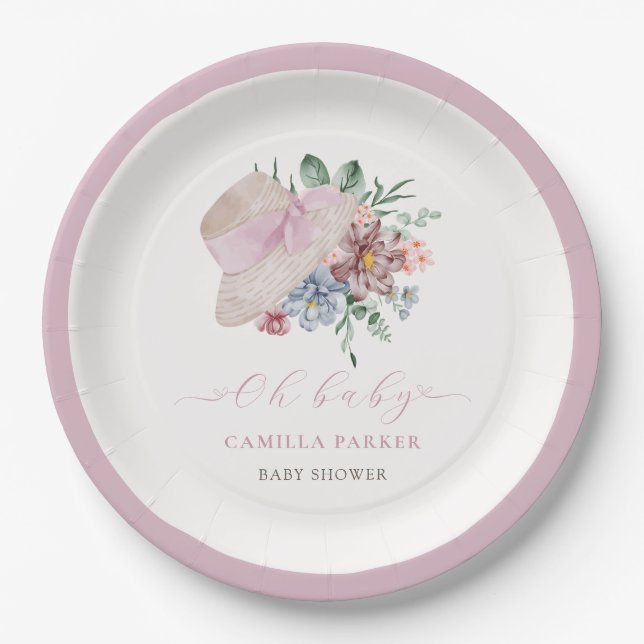 Spring Girl Garden Hat Baby Shower Welcome Sign Paper Plates (Front)