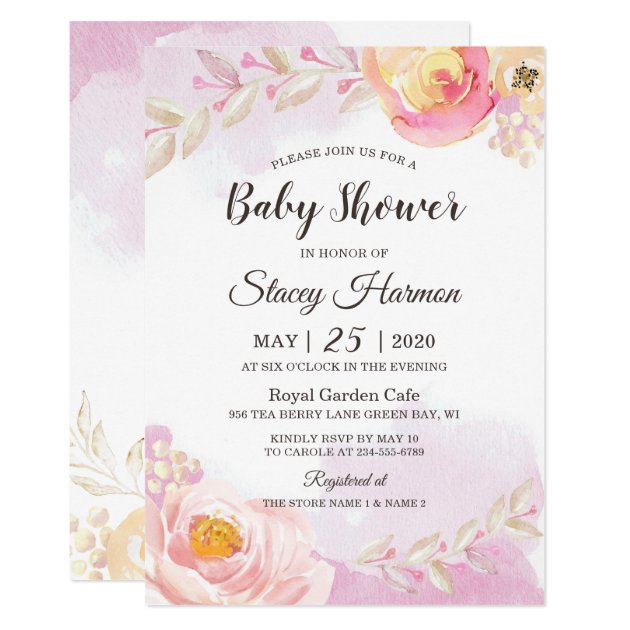 Spring Girly Pink Gold Blossom Flowers Baby Shower Invitation