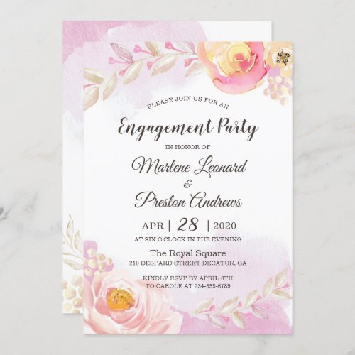 Spring Girly Pink  Gold Flowers Engagement Party Invitation