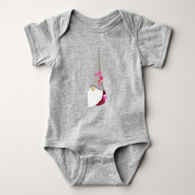 Spring Gnome, Cute Gnome, Garden Gnome, Flowers Baby Bodysuit (Front)