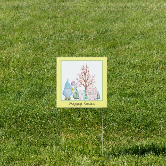 Spring Gnome Home Happy Easter Yard Sign (Insitu)
