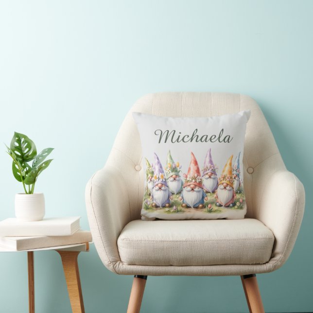 Spring Gnomes in a Meadow Throw Pillow (Chair)