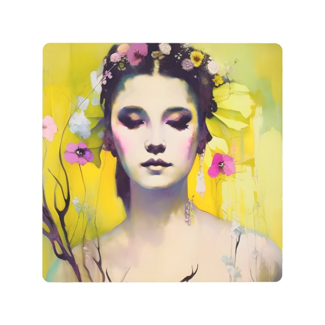 Spring Goddess Yellow Background Metal Print (Front)
