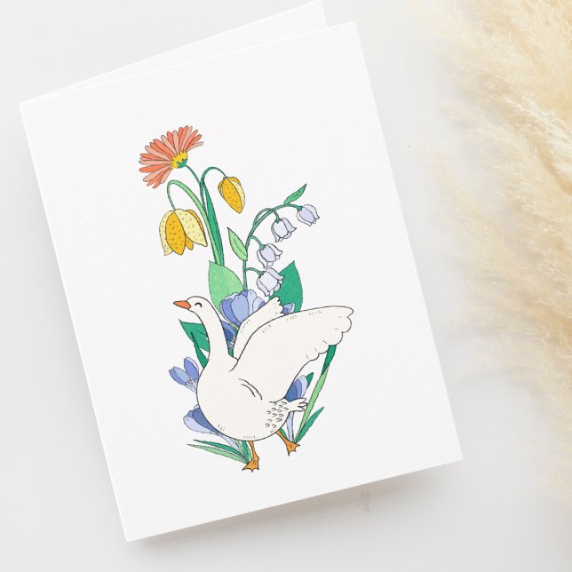 Spring Goose in Flowers Blank Letterpress Thank You Card (Creator Uploaded)