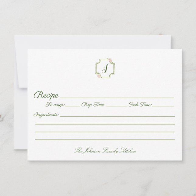 Spring Green and Pink Monogram Family Recipe Note Card (Front)