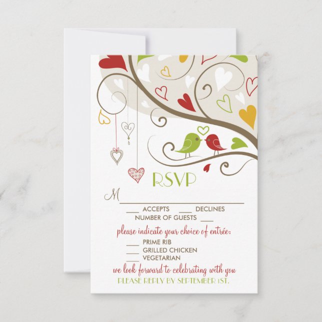 Spring Green and Red Cute Lovebirds RSVP (Front)
