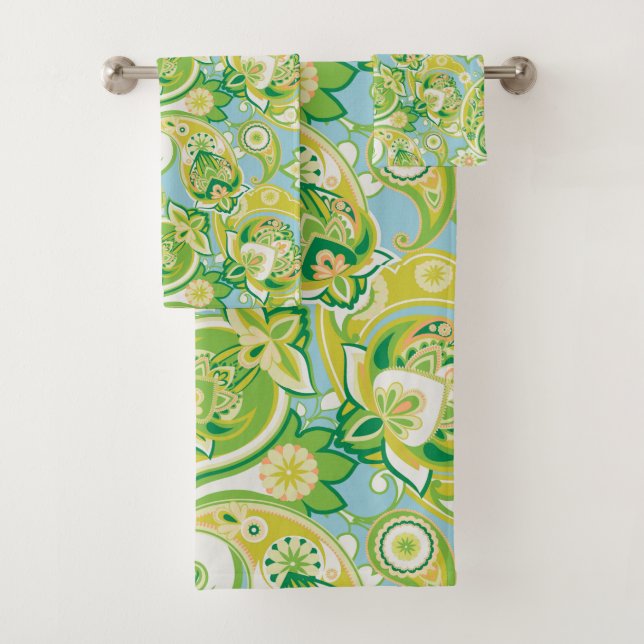 Spring Green Blue White Fresh Paisley Pattern Bath Towel Set (Insitu)