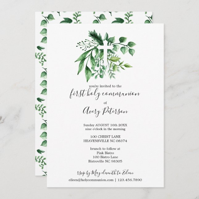 Spring Green Botanical Cross First Holy Communion Invitation (Front/Back)