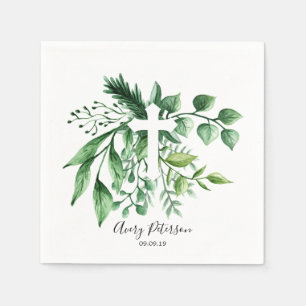 Spring Green Botanical Cross First Holy Communion Napkins