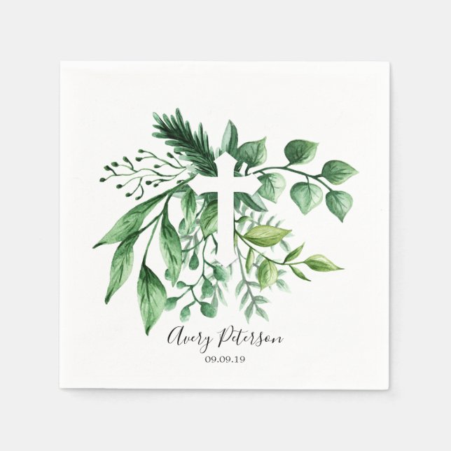 Spring Green Botanical Cross First Holy Communion Napkins (Front)