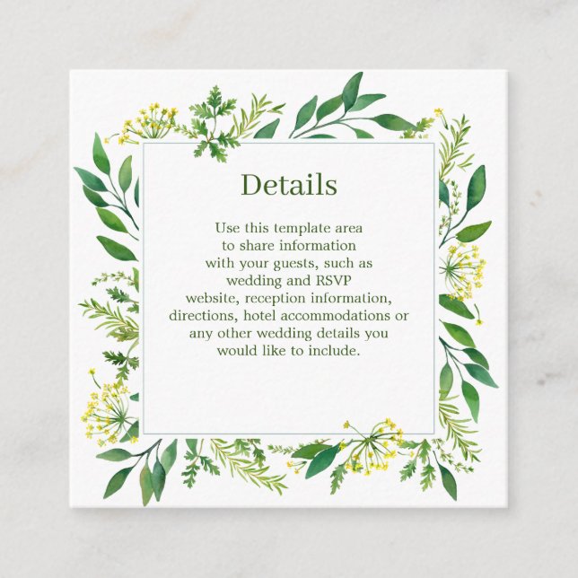 Spring Green Botanical Herbs Wedding Details Enclosure Card (Front)
