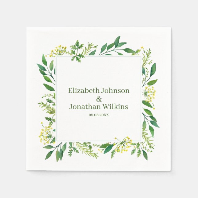 Spring Green Botanical Herbs Wedding Napkins (Front)
