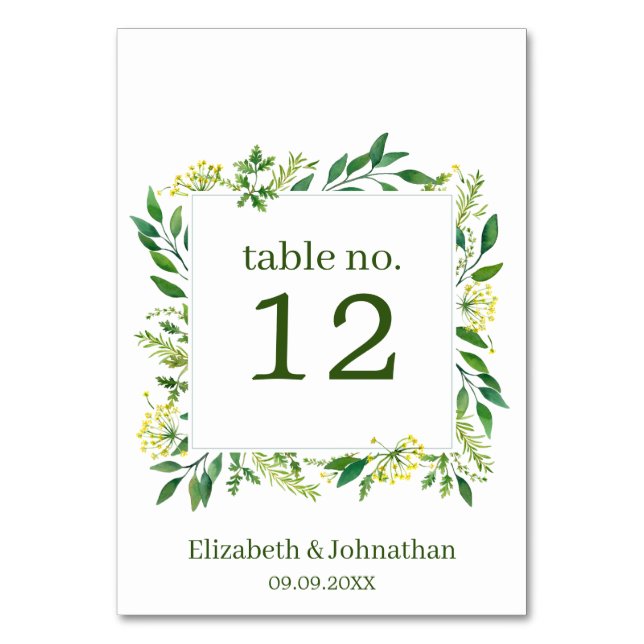 Spring Green Botanical Herbs Wedding Reception Table Number (Front)