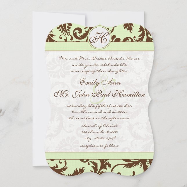 Spring Green Brown Damask Wedding Invitation (Front)