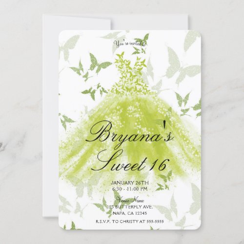 Spring Green Butterfly Dance Dress Sweet 16  Invitation