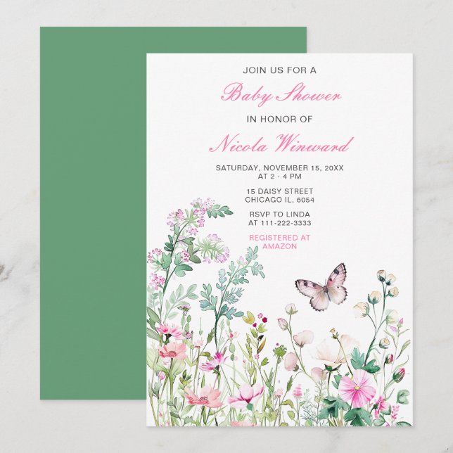 Spring Green Butterfly Floral Baby Shower Invitation (Front/Back)