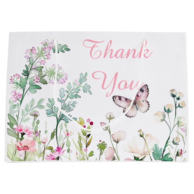 Spring Green Butterfly Floral Baby Shower Large Gift Bag (Front)