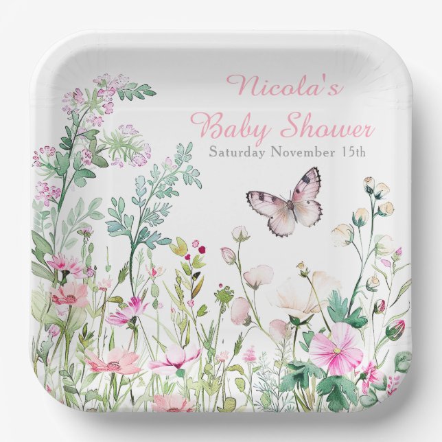 Spring Green Butterfly Floral Baby Shower Paper Plates (Front)