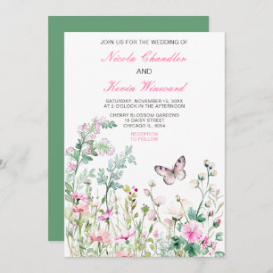 Spring Green Butterfly Floral Wedding Invitation