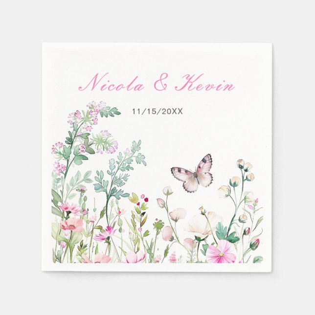 Spring Green Butterfly Floral Wedding Napkins (Front)