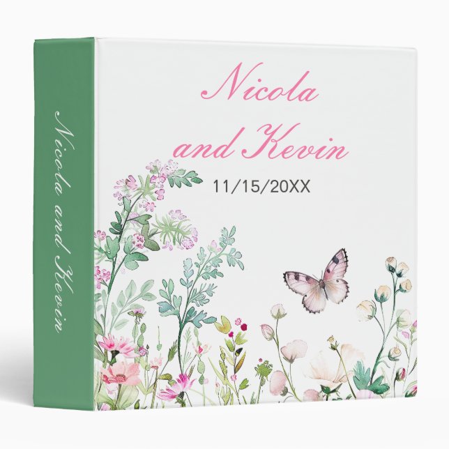 Spring Green Butterfly Floral Wedding Photo Album 3 Ring Binder (Front/Spine)